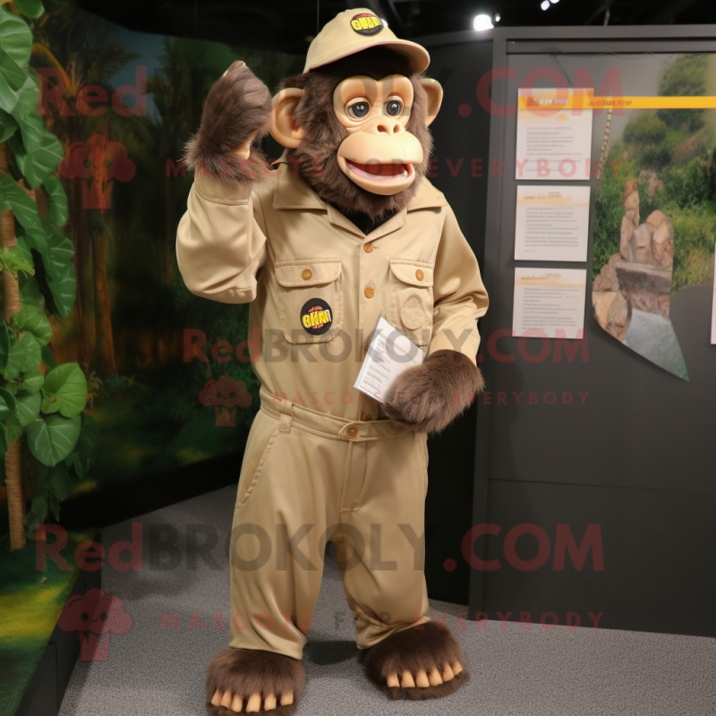 Tan Chimpanzee mascot costume character dressed with a Overalls and Lapel pins