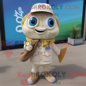 Maskotfigur af en beige...