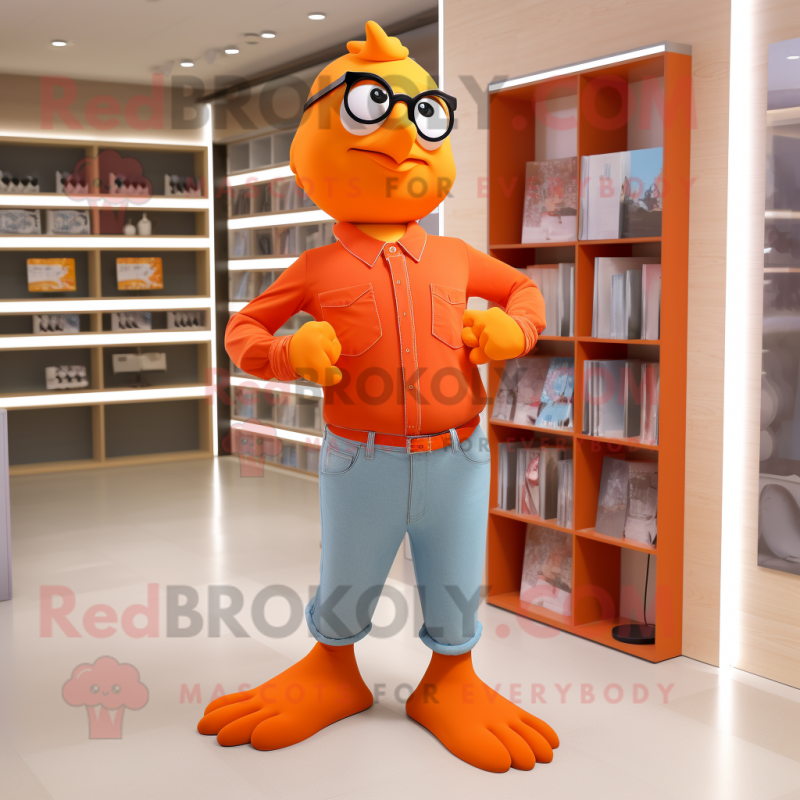 Orange Dove mascot costume character dressed with a Bootcut Jeans and Reading glasses