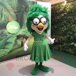 Forest Green Momentum mascot costume character dressed with a Skirt and Eyeglasses