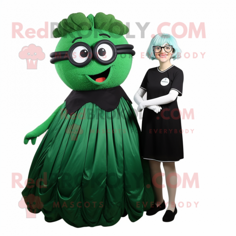 Forest Green Momentum mascot costume character dressed with a Skirt and Eyeglasses