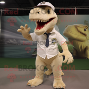 Cream T Rex mascot costume character dressed with a Oxford Shirt and Caps