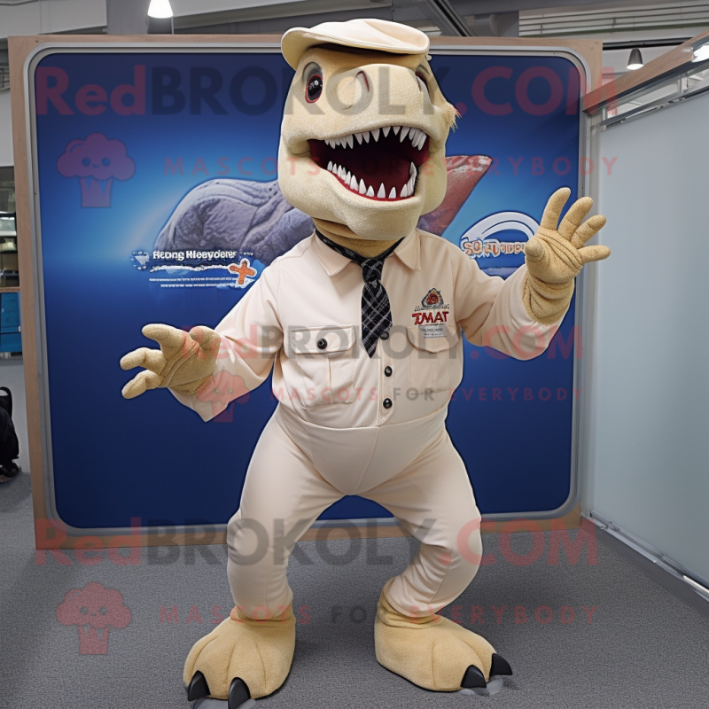 Cream T Rex mascot costume character dressed with a Oxford Shirt and Caps