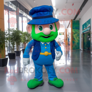 Blue Leprechaun mascot costume character dressed with a Trousers and Caps