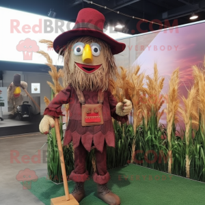 Maroon Scarecrow mascot costume character dressed with a Vest and Hairpins