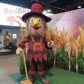 Maroon Scarecrow mascot costume character dressed with a Vest and Hairpins