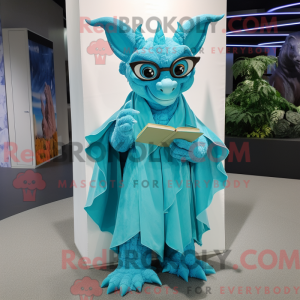 Maskotkarakter af en cyan...