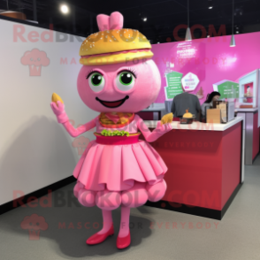 Pink Burgers mascot costume character dressed with a Cocktail Dress and Coin purses