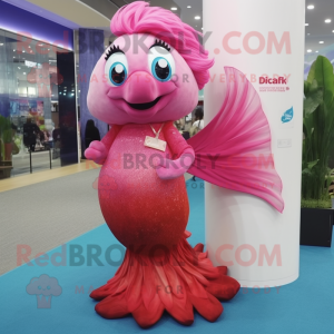 Pink Betta Fish mascot costume character dressed with a Maxi Dress and Handbags