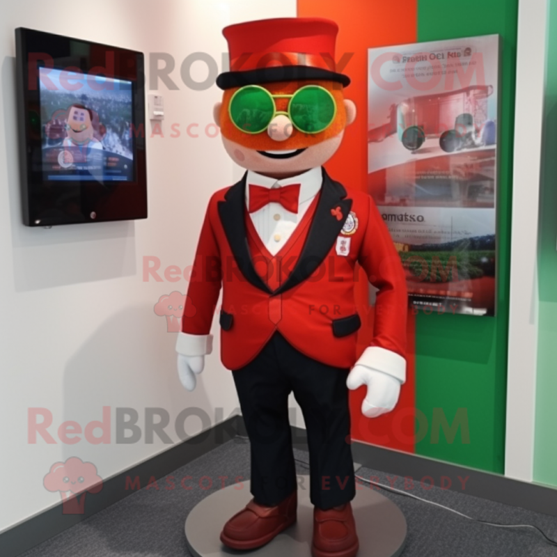 Red Irish Flag mascot costume character dressed with a Suit Jacket and Earrings