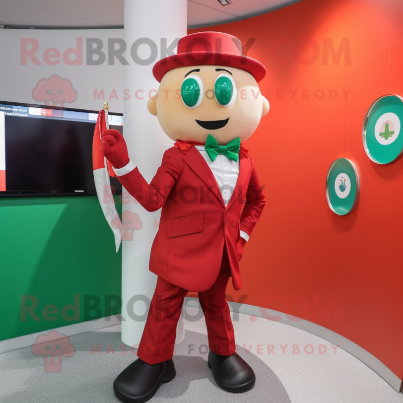 Red Irish Flag mascot costume character dressed with a Suit Jacket and Earrings
