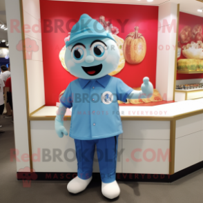 Blue Dim Sum mascot costume character dressed with a Polo Shirt and Brooches