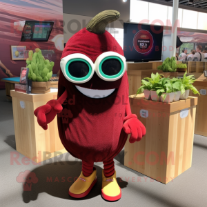 Maroon Zucchini mascot costume character dressed with a Wrap Skirt and Sunglasses