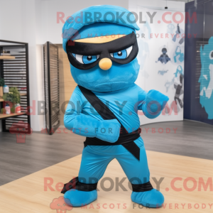 Maskotfigur af en cyan...