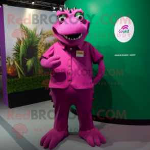 Magenta Crocodile mascot costume character dressed with a T-Shirt and Brooches