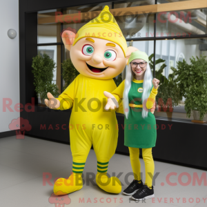 Maskotfigur af en citrongul...
