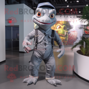 Gray Lizard mascot costume character dressed with a Overalls and Wraps