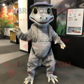 Gray Lizard mascot costume character dressed with a Overalls and Wraps