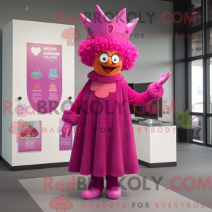 Maskotfigur af en magenta...