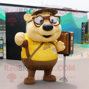Gold Beef Wellington mascot costume character dressed with a Cargo Shorts and Reading glasses