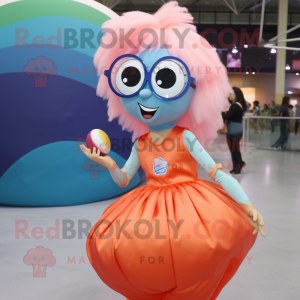 Peach Barracuda mascot costume character dressed with a Ball Gown and Eyeglasses