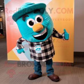 Turquoise Enchiladas mascot costume character dressed with a Flannel Shirt and Tie pins