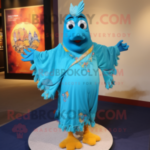 Turquoise Butter Chicken mascot costume character dressed with a One-Piece Swimsuit and Shawl pins