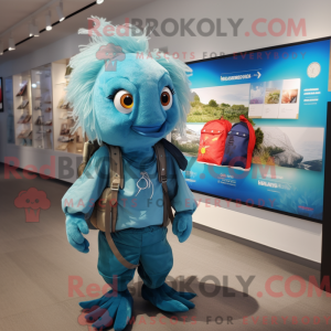 Maskotkarakter af en cyan...