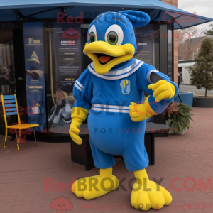Maskotfigur af en blå høns...