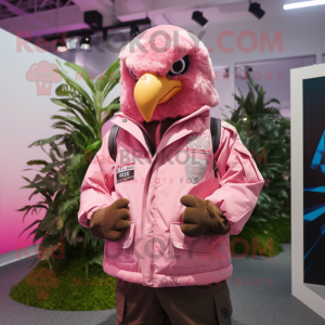 Pink Eagle mascot costume character dressed with a Parka and Beanies