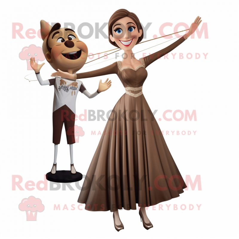 Brown Trapeze Artist mascot costume character dressed with a Evening Gown and Headbands