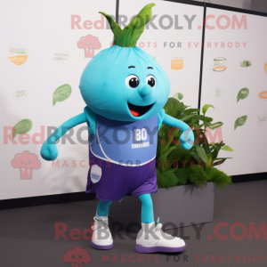 Maskotkarakter af en cyan...