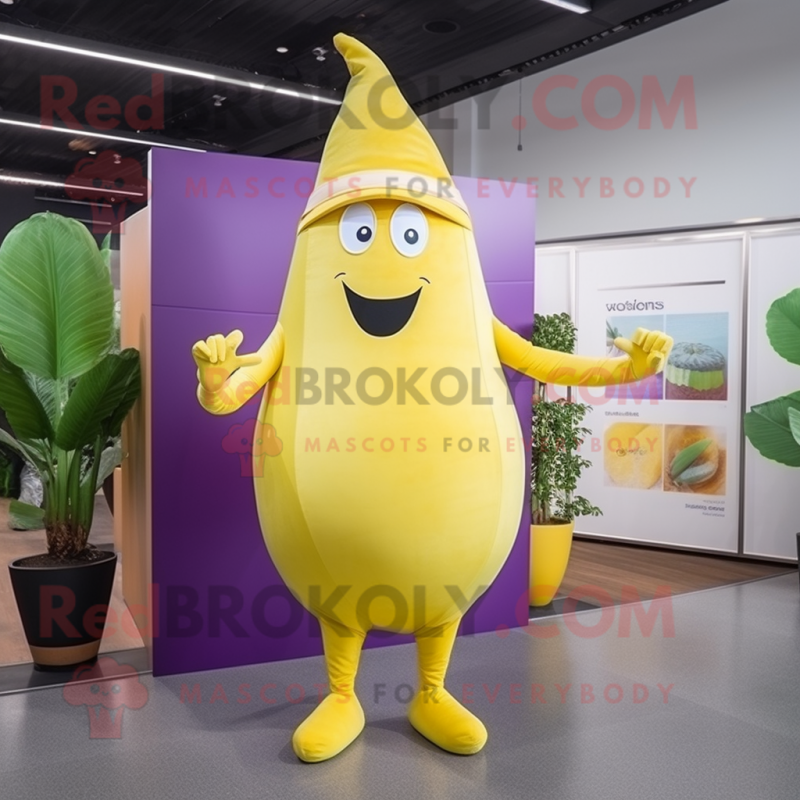 Lemon Yellow Eggplant mascot costume character dressed with a Playsuit and Hats