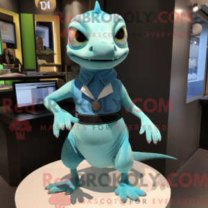 Maskotkarakter af en cyan...