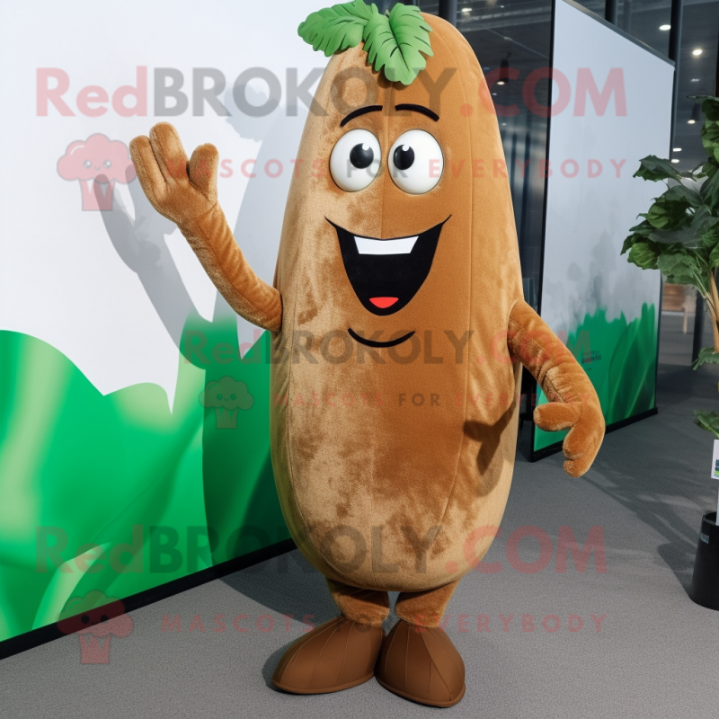 Brown Zucchini mascot costume character dressed with a Suit Pants and Hairpins