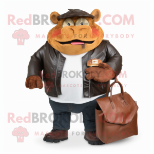 Rust Pulled Pork Sandwich mascot costume character dressed with a Leather Jacket and Wallets