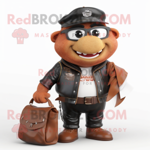 Rust Pulled Pork Sandwich mascot costume character dressed with a Leather Jacket and Wallets