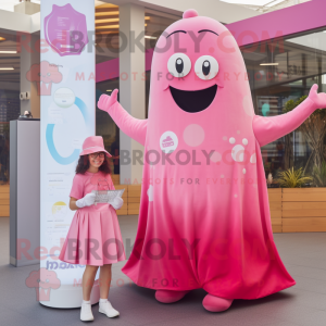 Pink Ray mascot costume character dressed with a Maxi Dress and Smartwatches