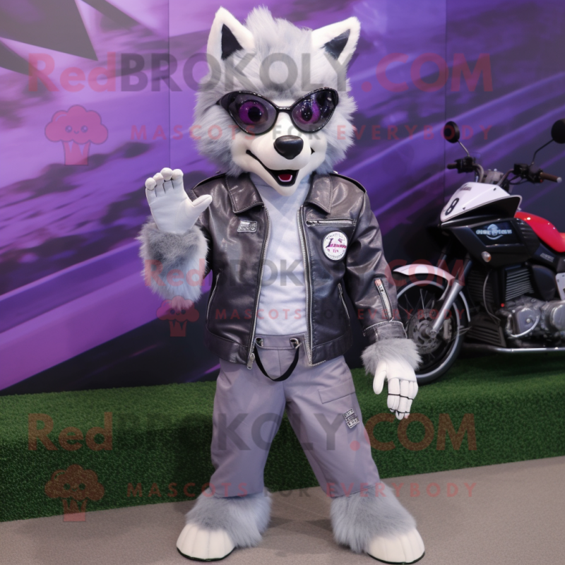 Lavender Say Wolf mascot costume character dressed with a Biker Jacket and Eyeglasses