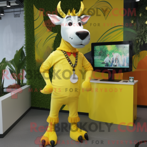 Maskotfigur af en citrongul...