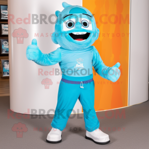 Turquoise Ice mascot costume character dressed with a Capri Pants and Suspenders