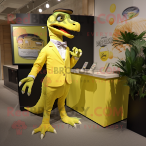 Lemon Yellow Deinonychus mascot costume character dressed with a Culottes and Cufflinks