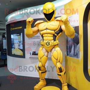 Yellow Spartan Soldier mascot costume character dressed with a Bikini and Headbands