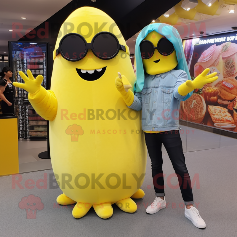 Yellow Sushi mascot costume character dressed with a Boyfriend Jeans and Sunglasses