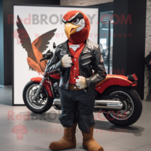 Red Falcon mascot costume character dressed with a Biker Jacket and Bow ties