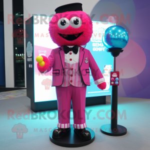 Magenta Gumball Machine mascot costume character dressed with a Suit Pants and Hairpins