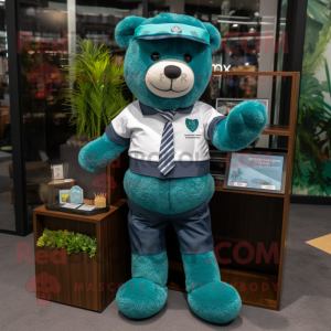 Teal Teddy Bear mascot costume character dressed with a Polo Tee and Pocket squares