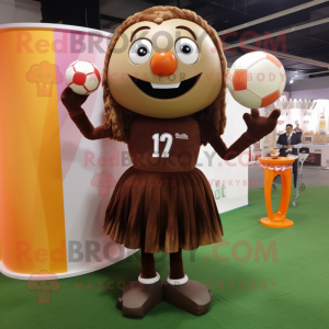 Brown Soccer Ball mascot costume character dressed with a Cocktail Dress and Rings