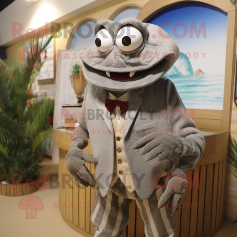 Gray Hermit Crab mascot costume character dressed with a Waistcoat and Tie pins
