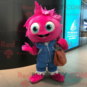 Maskotfigur af en magenta...
